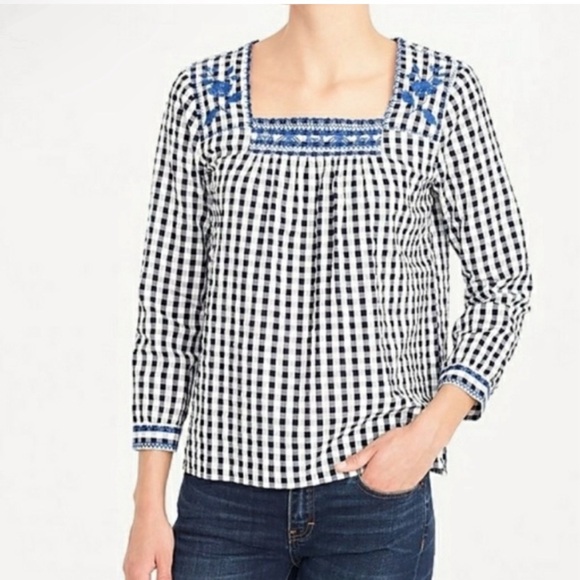 J. Crew Factory Tops - J. Crew Factory Navy & White Gingham With Cobalt Embroidery Square Neck Size L.